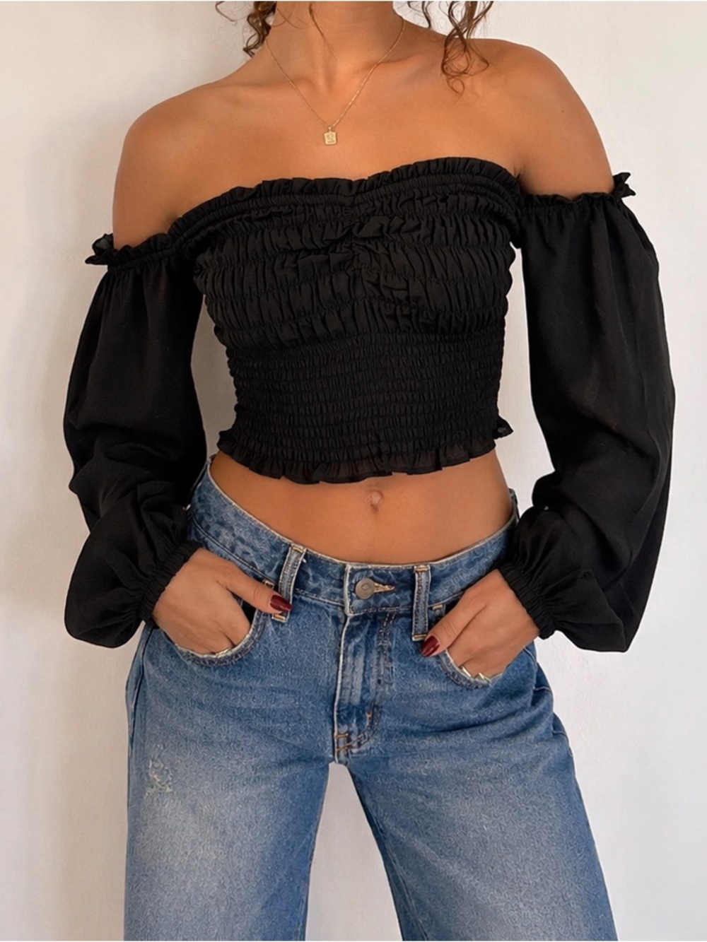 Abercrombie & Fitch Black Smocked Off‎ Shoulder Long Sleeve Boho Crop Top XS